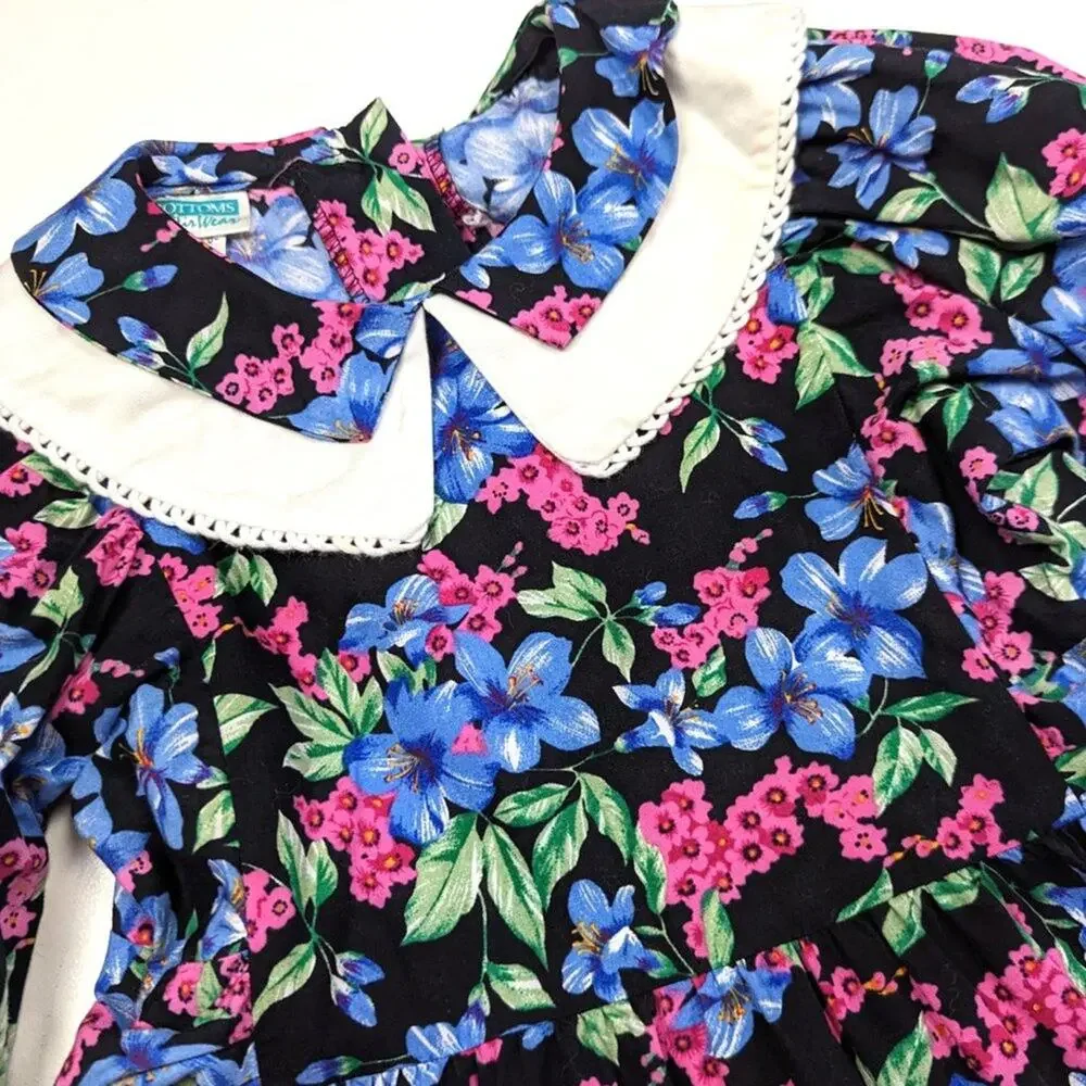 Vintage Biobottoms Dress Girls Size 5 Black Floral Long Sleeve